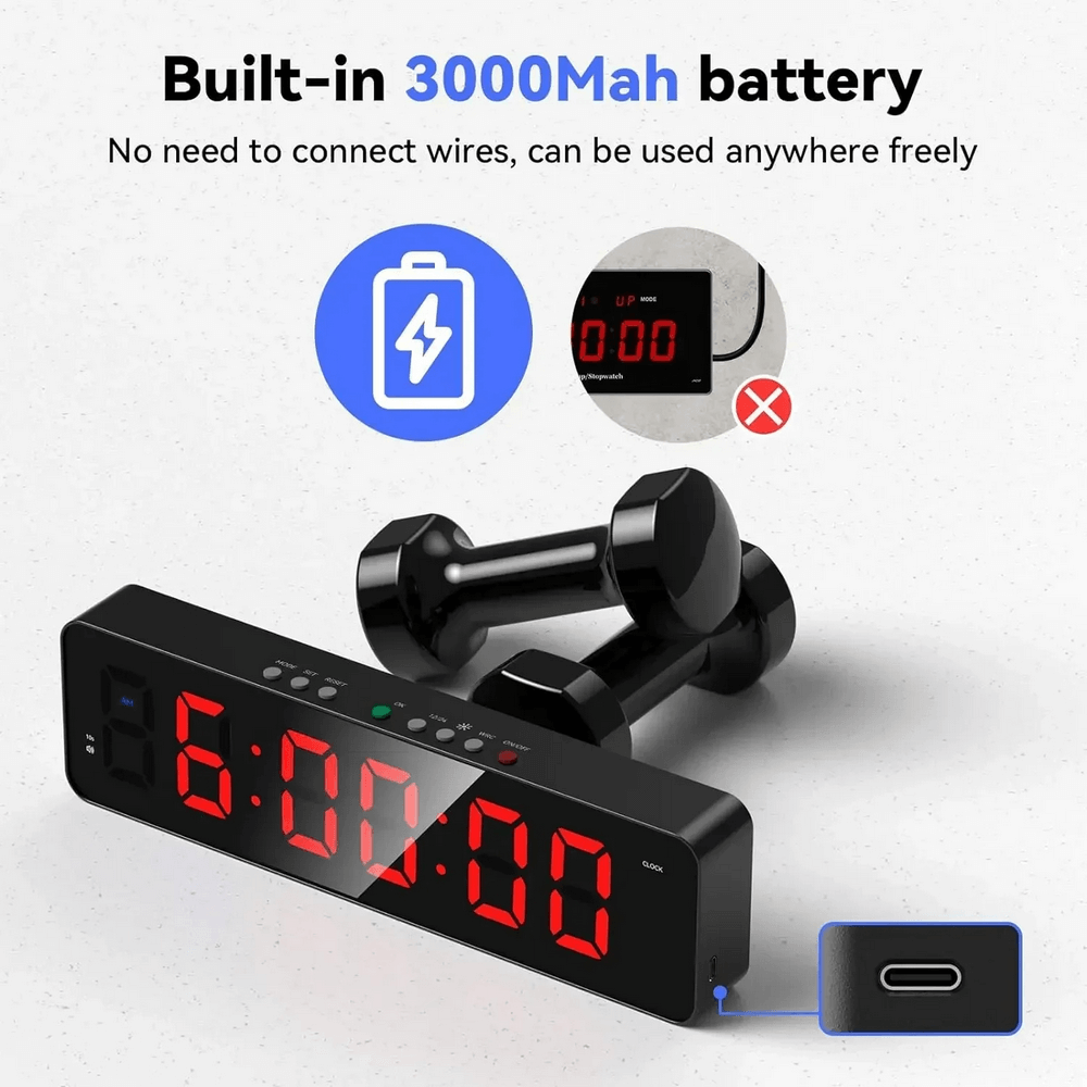 Wireless digital clock SF3076 with LED display, built-in 3000mAh battery, and remote control, suitable for home or office use.